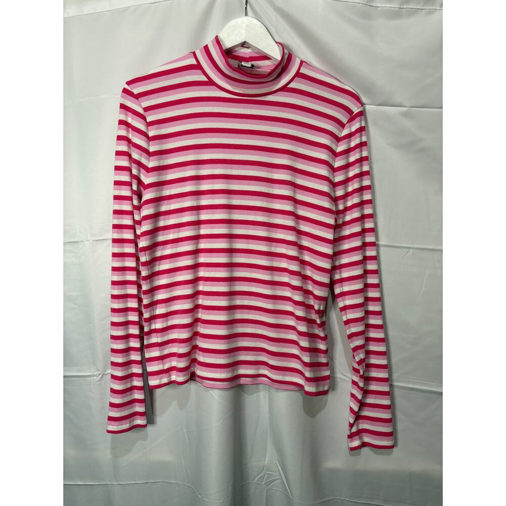 J. Crew Factory Pink White Striped Cotton Mock Turtleneck Ribbed Size XL